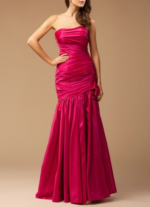 Elegant Fuchsia Strapless Dropped Waist Prom Dress With Flower Detail